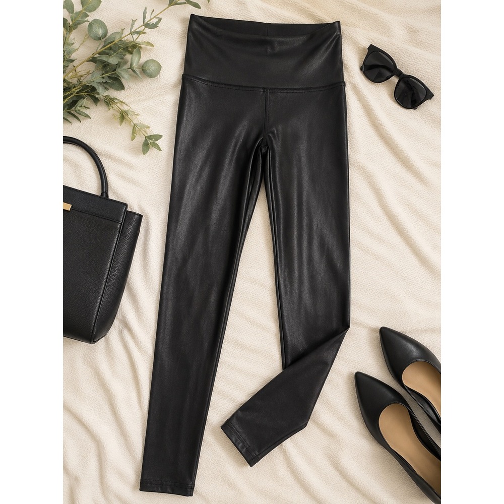 SPANX Faux Leather Leggings Black High Rise Shaping Skinny Pants Size Small